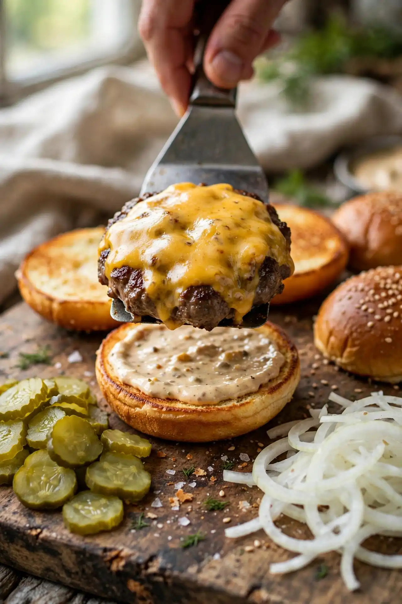 Assembling cheeseburger sliders with beef patties, melted cheese, and burger sauce on toasted brioche buns