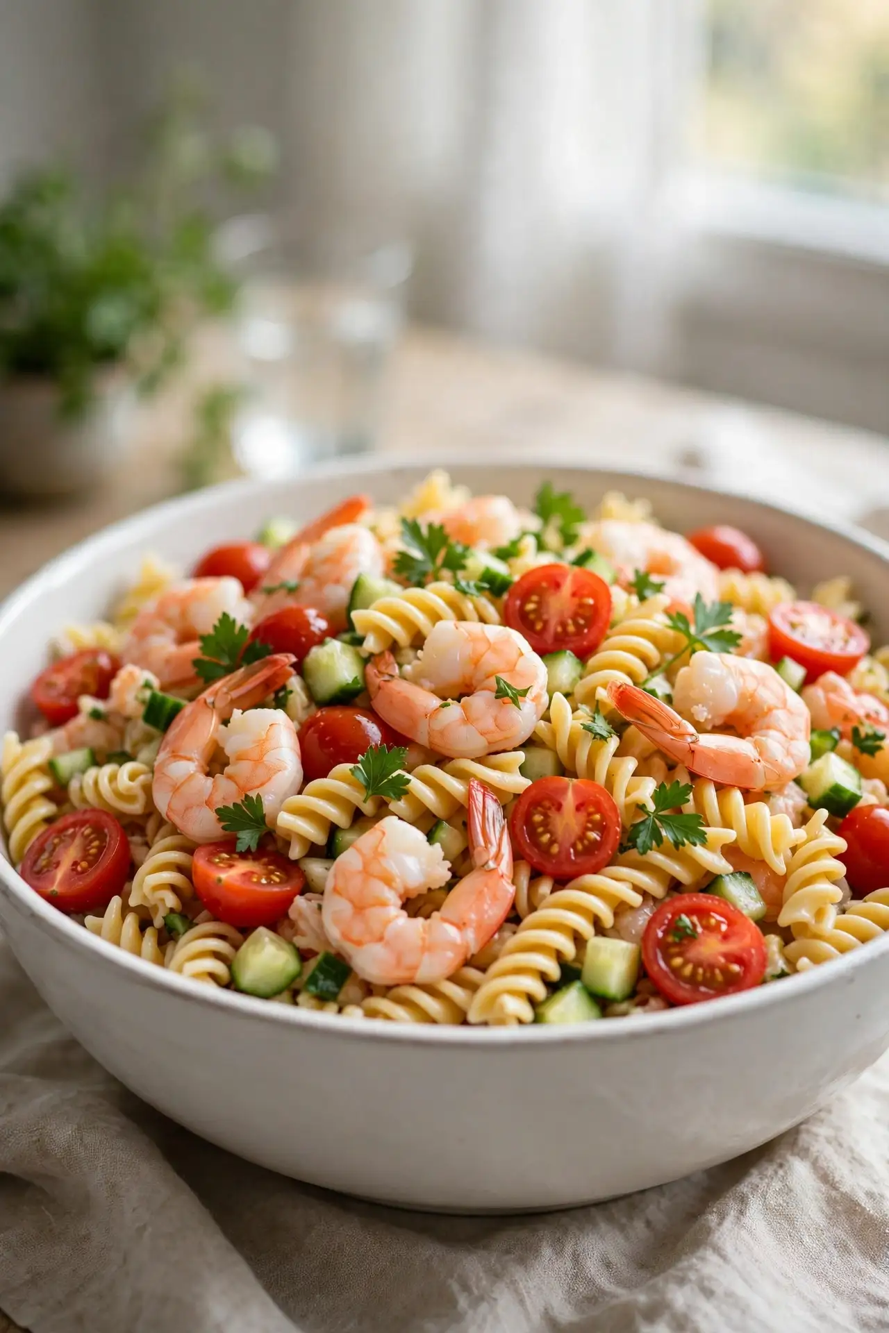Shrimp pasta salad with rotini, cherry tomatoes, and cucumber in a large white bowl — cold shrimp salad recipe for crowds