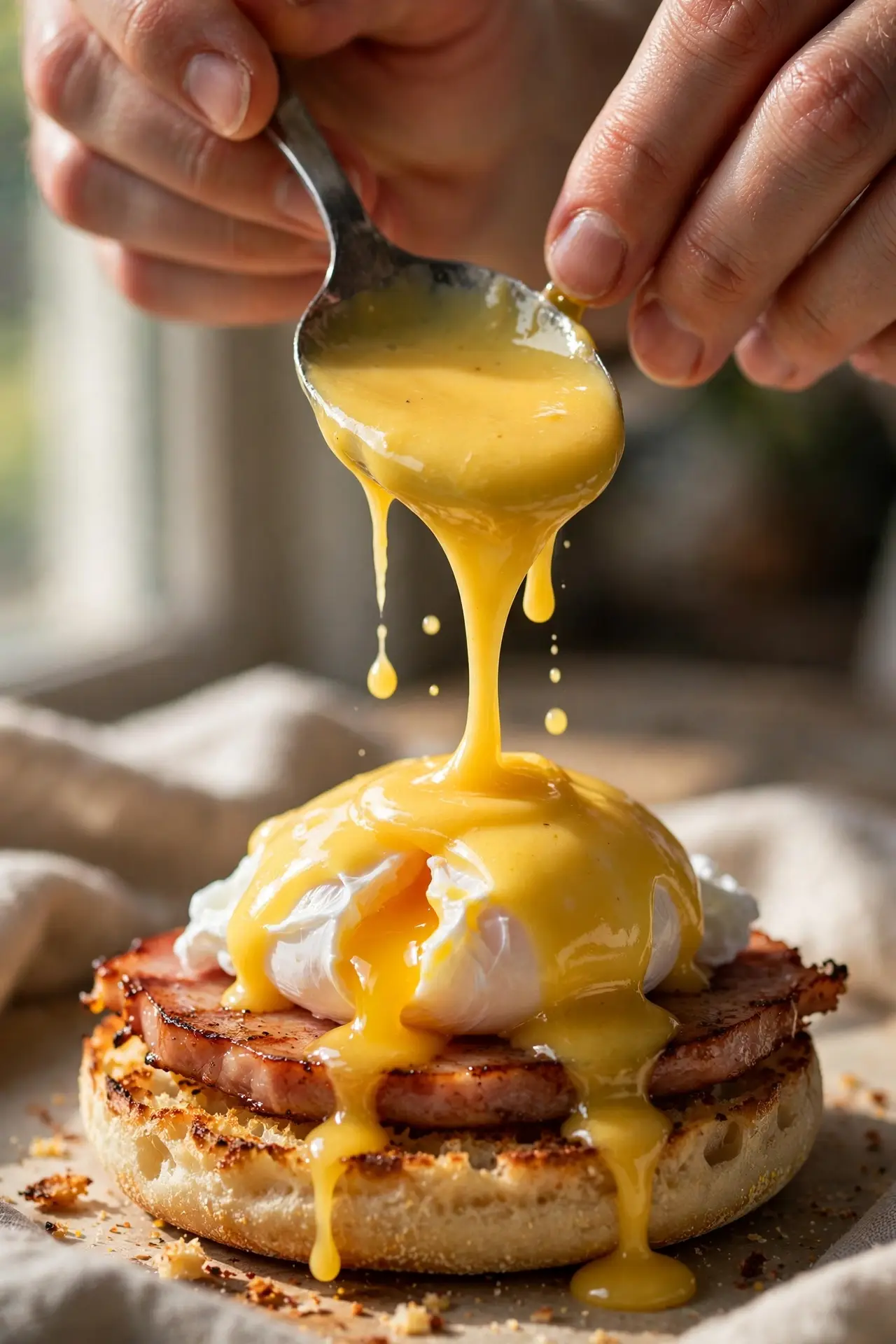 Hollandaise sauce being spooned over a poached egg in the final assembly step — eggs benedict recipe