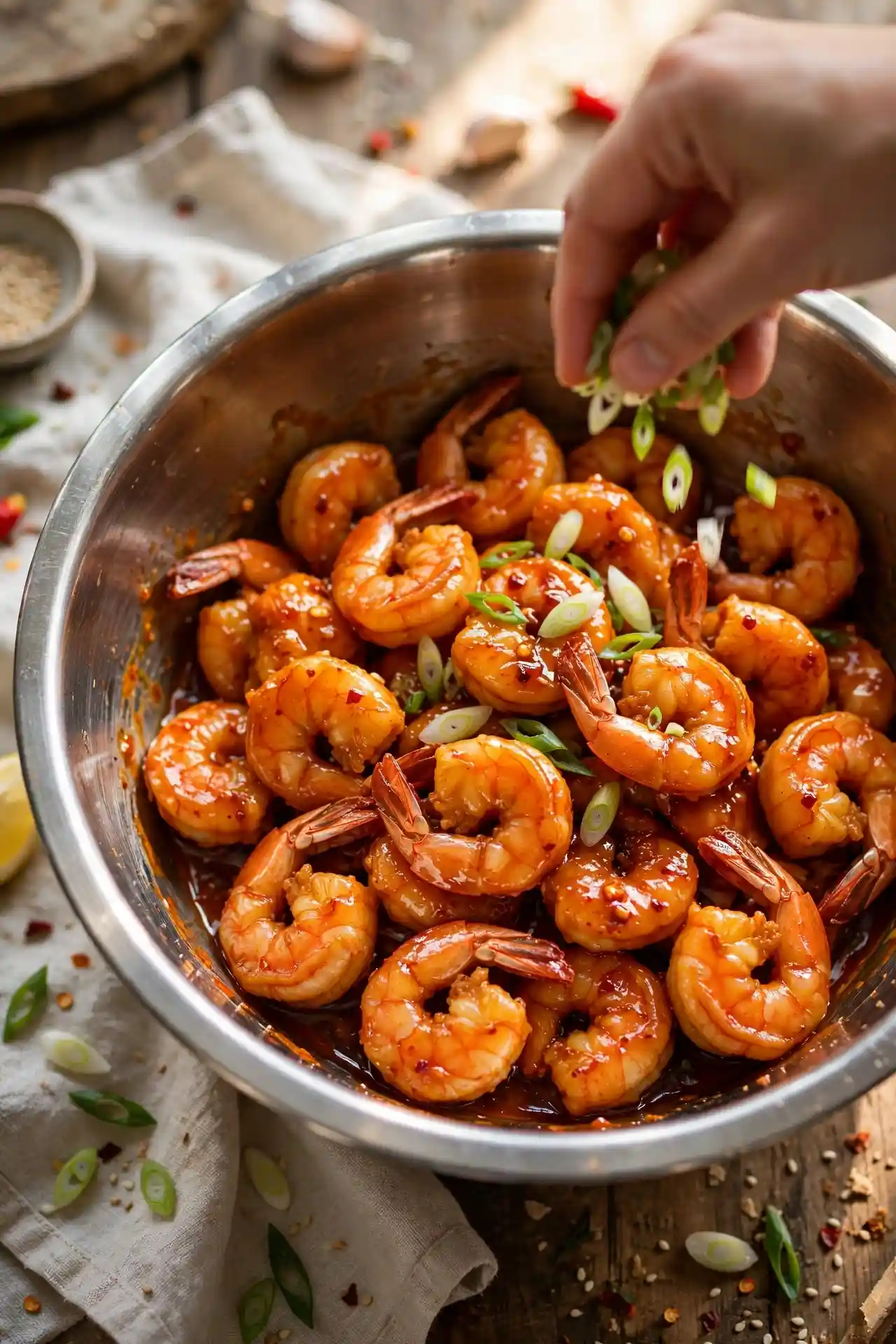 Crispy fried shrimp being tossed in glossy bang bang sauce in a metal mixing bowl with green onion garnish — saucing step for bang bang shrimp