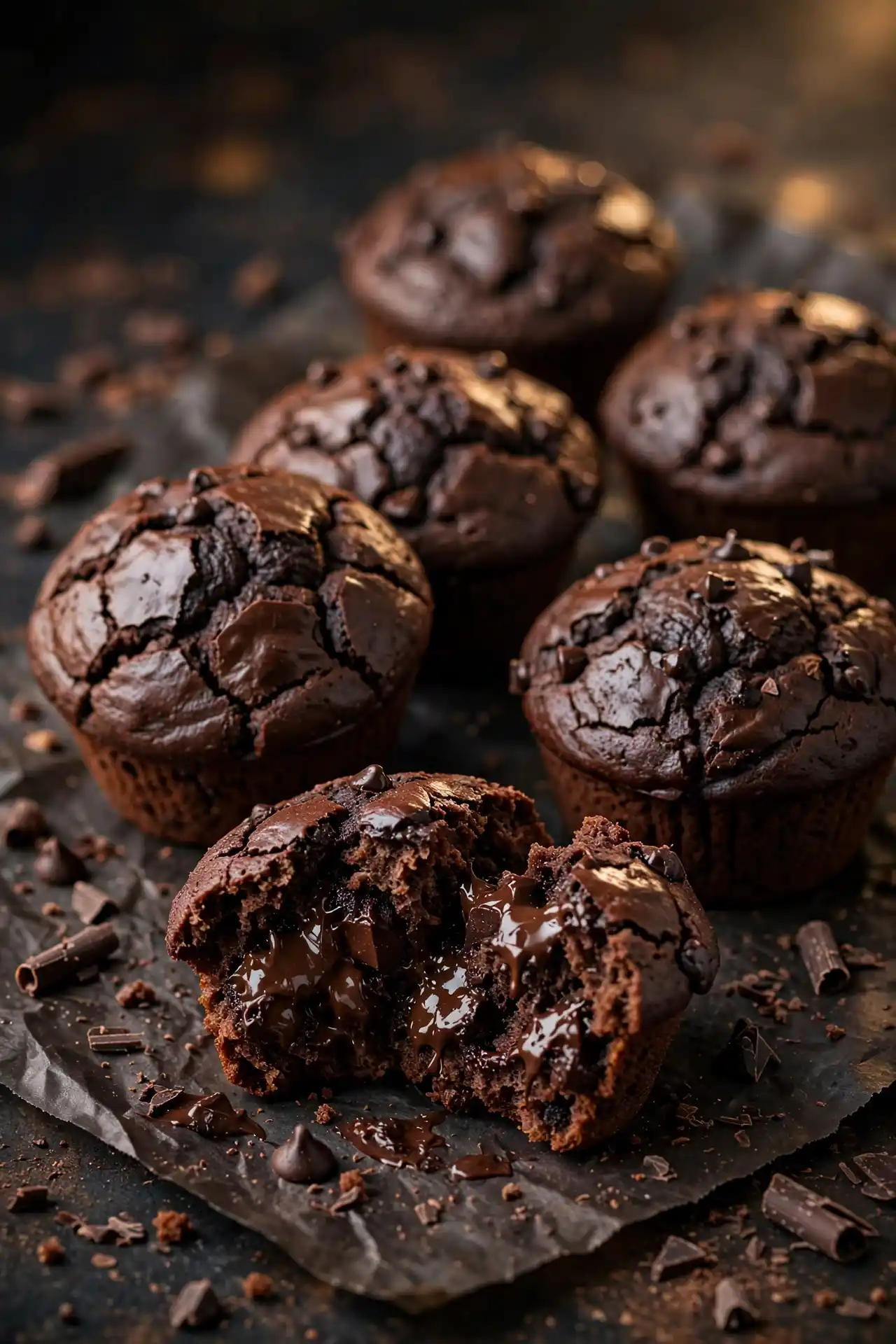 Double chocolate protein muffins with molten chocolate center on dark parchment — double chocolate protein muffins