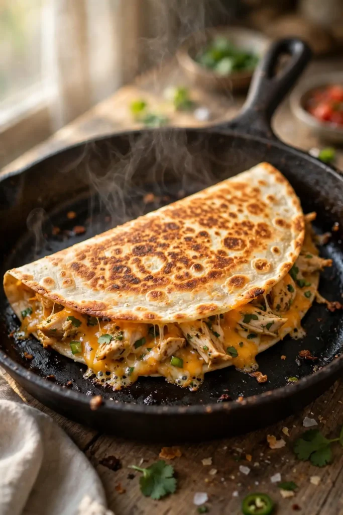 Golden chicken quesadilla in a dry cast iron skillet showing crispy tortilla surface — final cooking step for chicken quesadillas