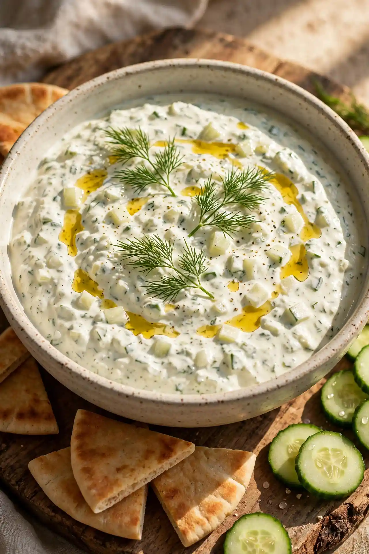 Finished tzatziki sauce recipe in a ceramic bowl, drizzled with olive oil and garnished with fresh dill, served alongside pita bread and cucumber