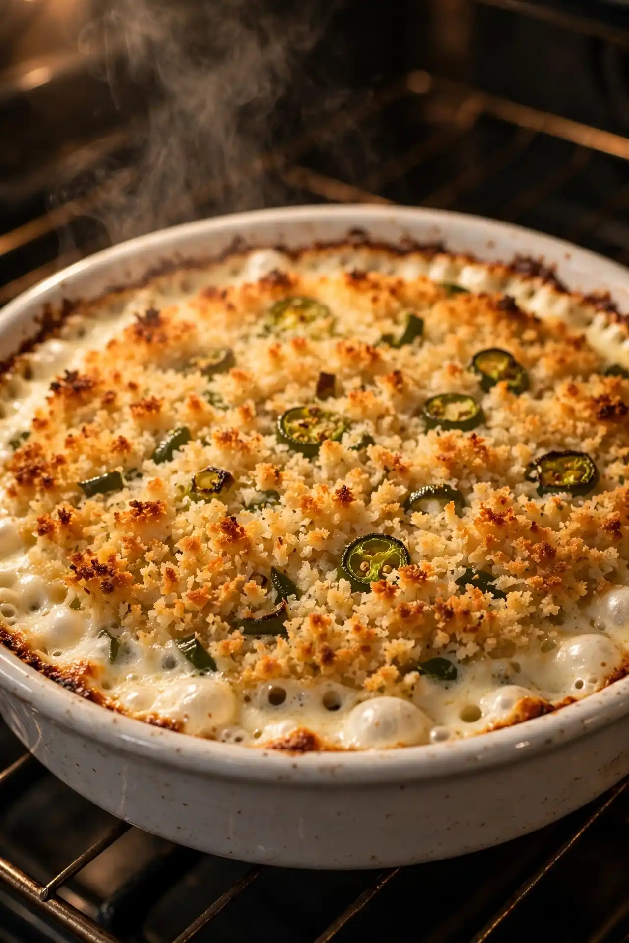 Freshly baked jalapeño popper dip with golden panko crust and bubbling cheesy edges fresh from the oven — final baking step