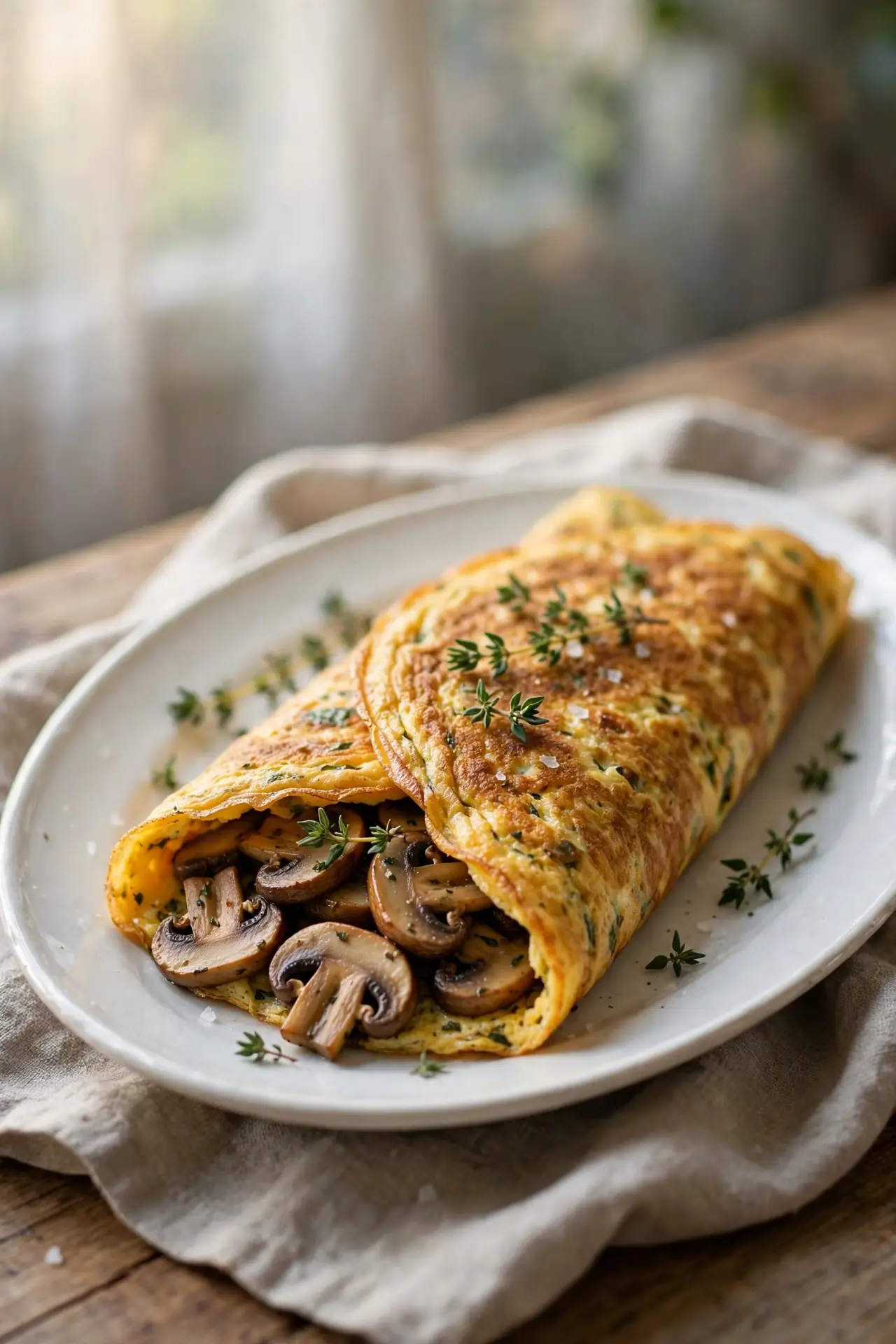 Mushroom and herb omelette with sautéed cremini mushrooms on a white oval plate — mushroom omelette recipe