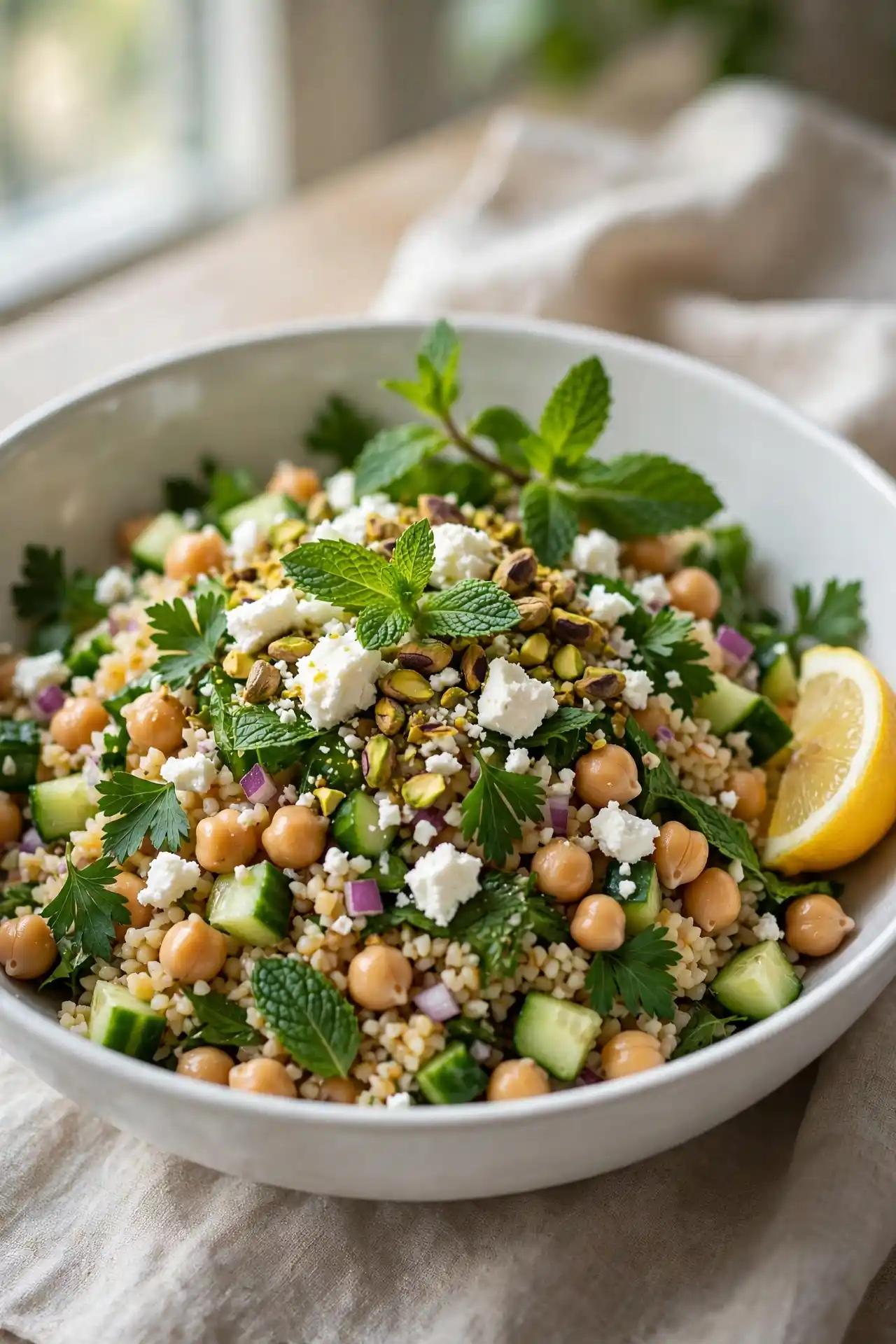 Finished jennifer aniston salad in a white ceramic bowl with feta, pistachios, and fresh herbs, ready to serve — jennifer aniston salad