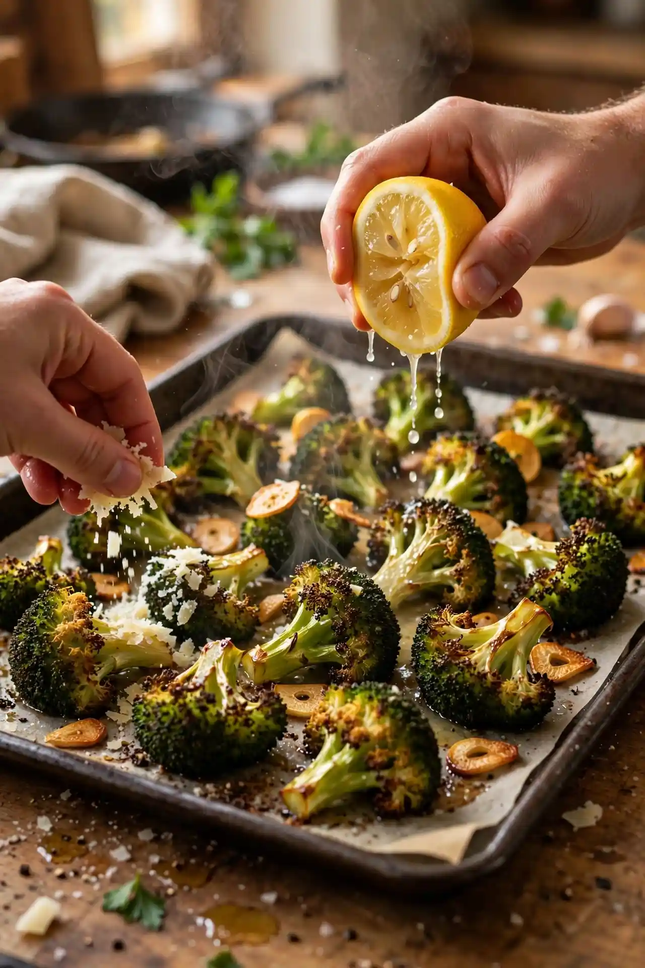 Finished roasted broccoli on a baking sheet with lemon juice being added and parmesan scattered, final step in making roasted broccoli