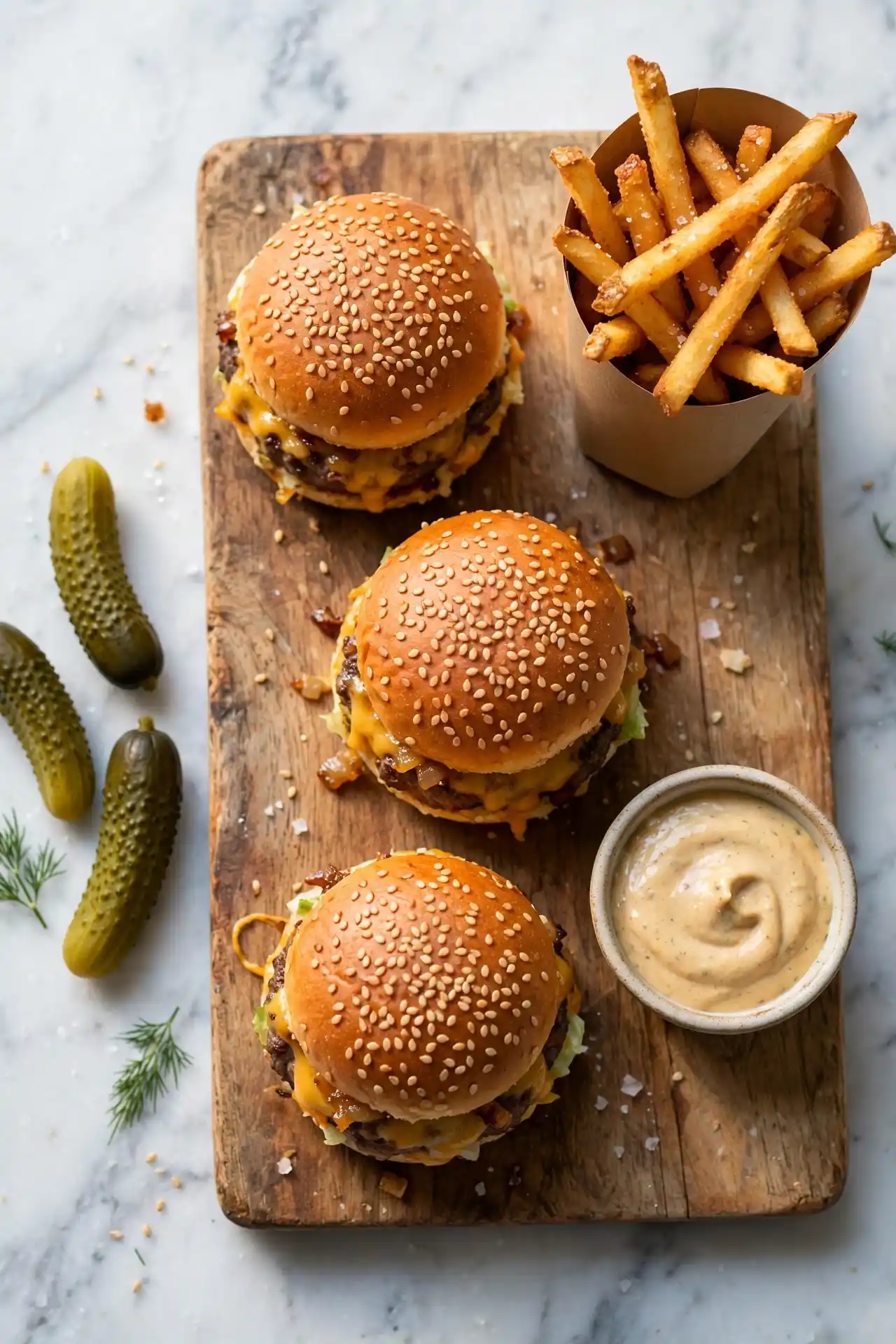 Cheeseburger sliders served on a wooden board with crispy fries and extra burger sauce, ready to serve — cheeseburger sliders