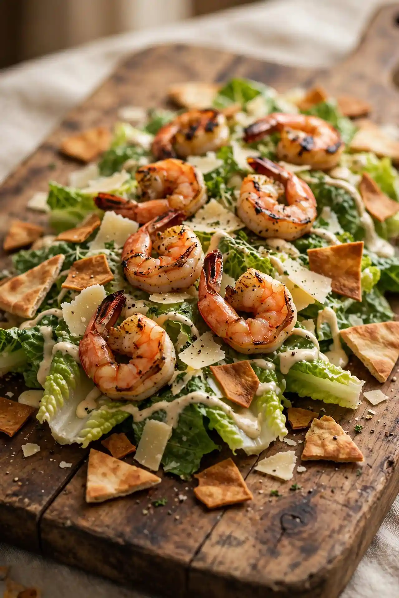 Grilled shrimp Caesar salad with charred shrimp, romaine, and shaved Parmesan on a wooden board — shrimp salad recipe