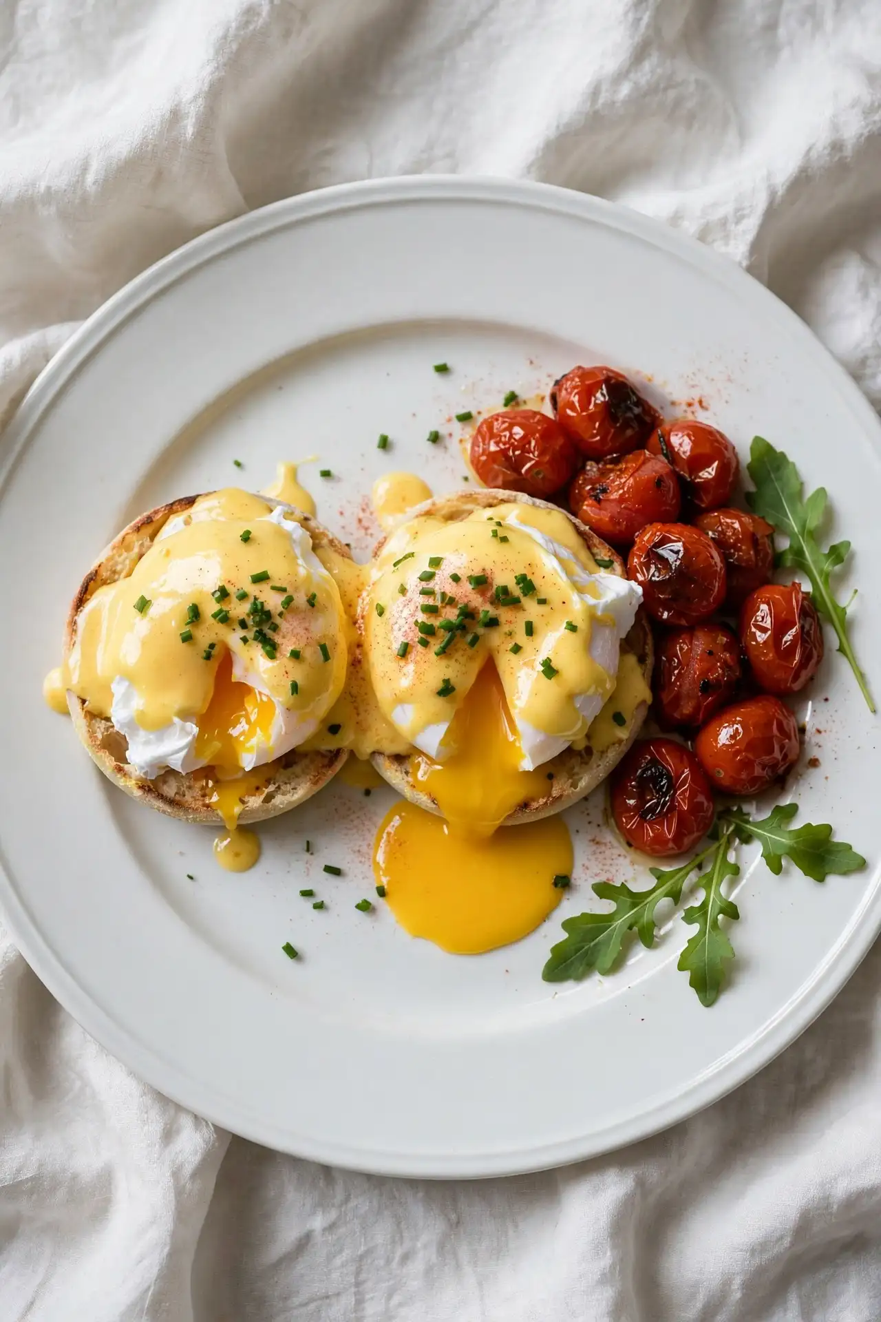 Eggs benedict plated with roasted tomatoes and arugula on a white ceramic plate, ready to serve — eggs benedict recipe