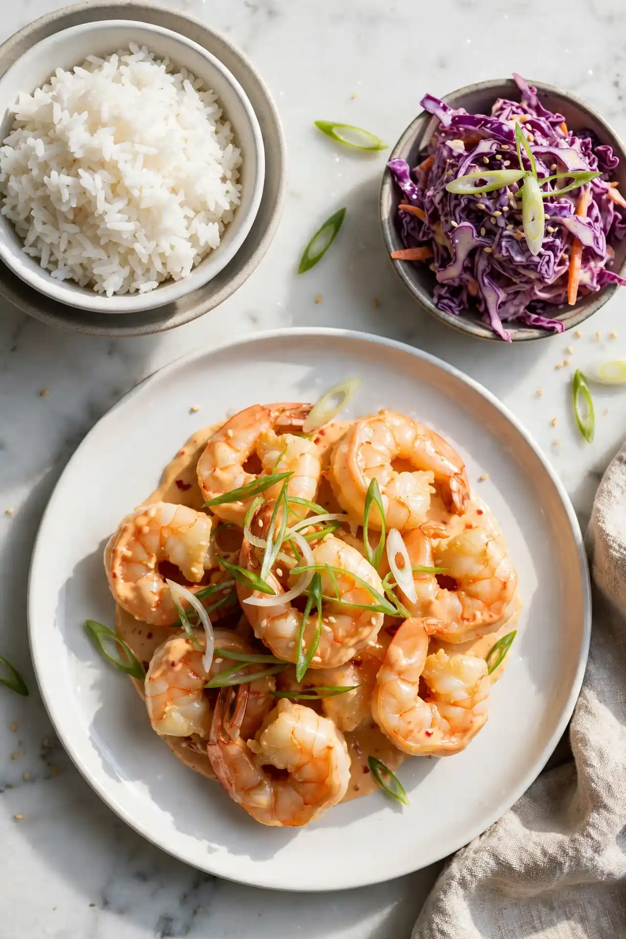 Bang bang shrimp plated with steamed jasmine rice and purple cabbage slaw, garnished with green onion — serving suggestion for bang bang shrimp