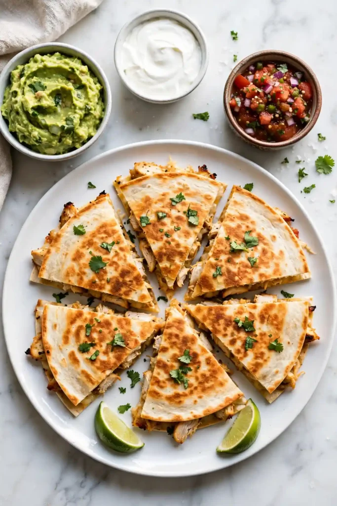 Chicken quesadillas on a white ceramic plate with guacamole, sour cream, and salsa on the side, garnished with cilantro and lime — chicken quesadillas recipe