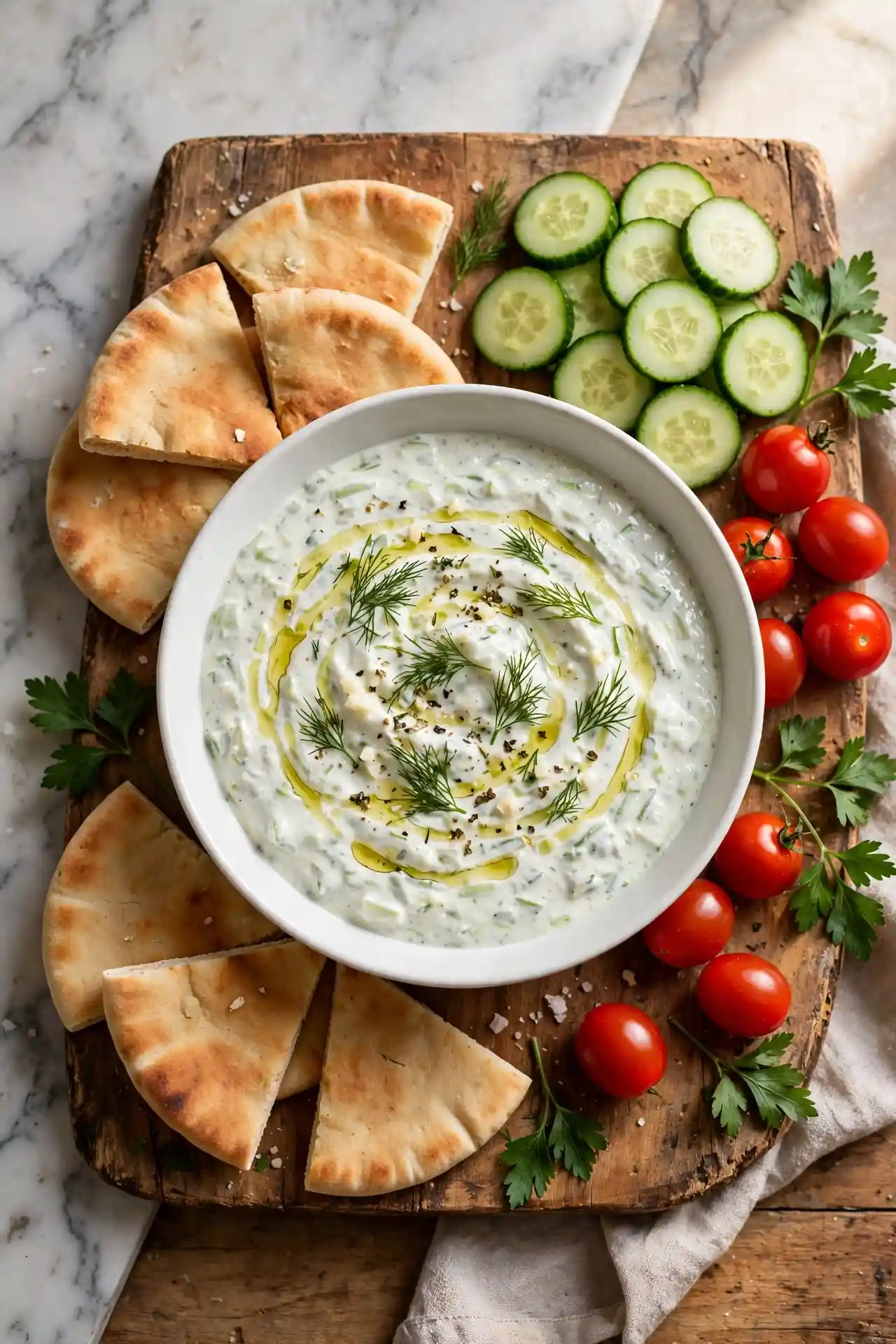 Tzatziki sauce recipe served with warm pita, cucumber slices, and vegetables on a wooden board, ready to serve