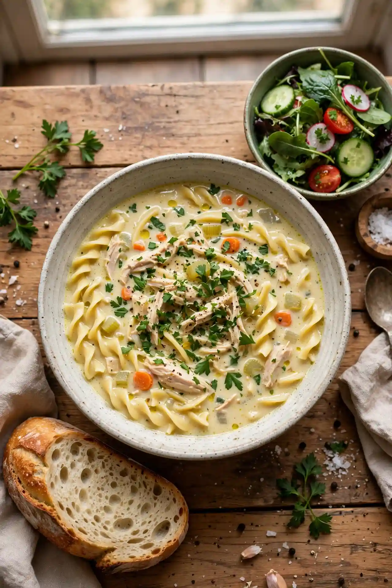 Creamy chicken noodle soup plated in a wide ceramic bowl alongside crusty bread and green salad, ready to serve -- creamy chicken noodle soup