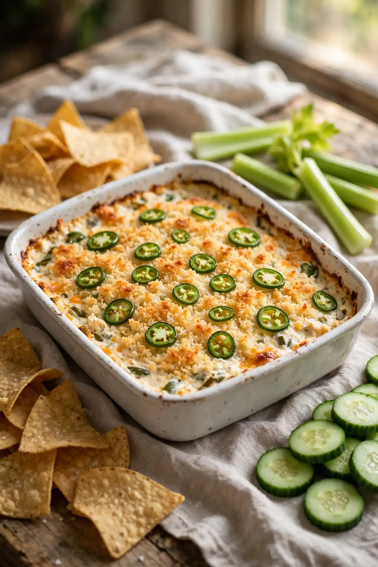 Jalapeño popper dip served with tortilla chips, celery, and cucumber on a wooden table, ready for a crowd — jalapeño popper dip