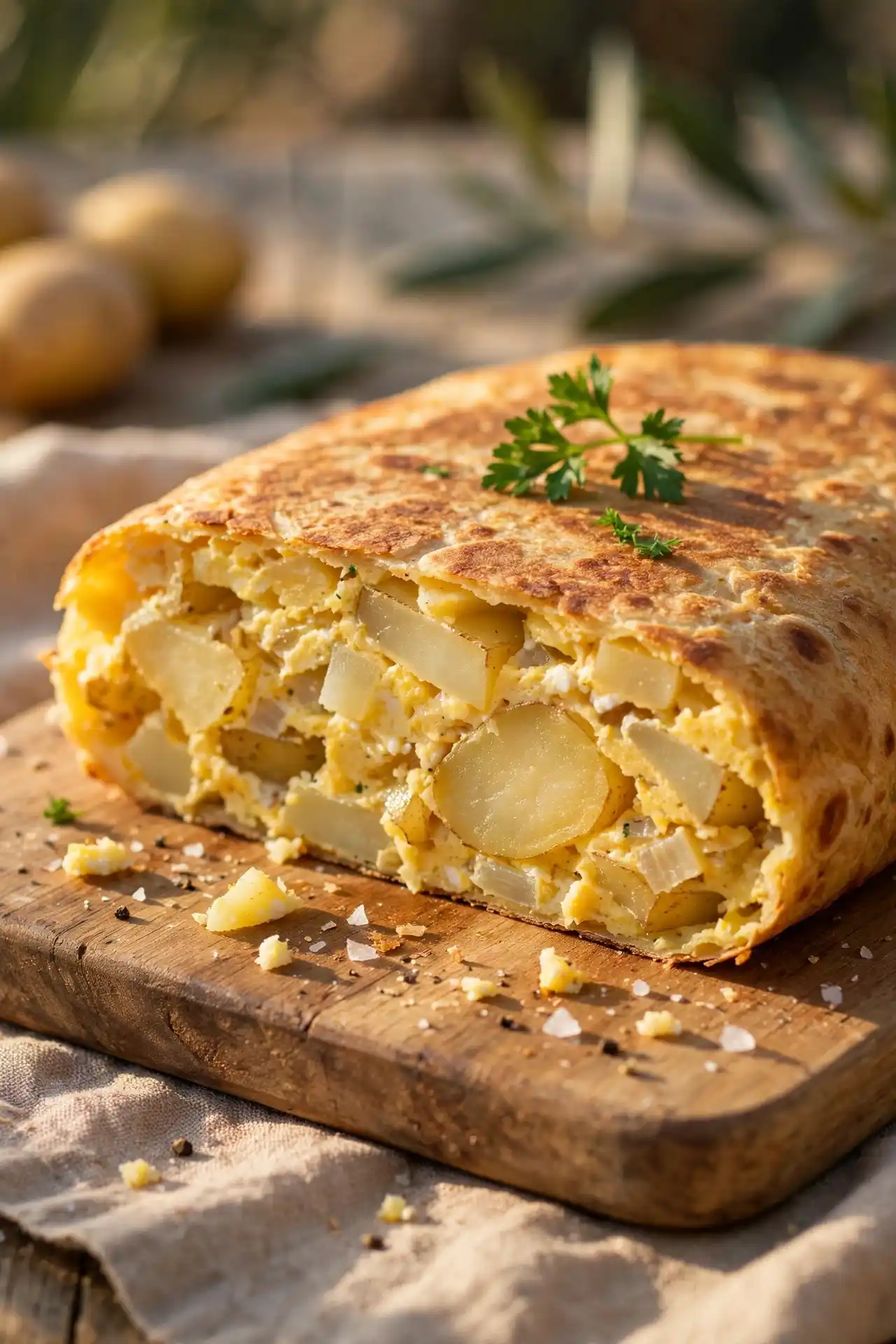Spanish potato omelette (tortilla) sliced on a wooden board showing layered potato interior — Spanish tortilla omelette recipe