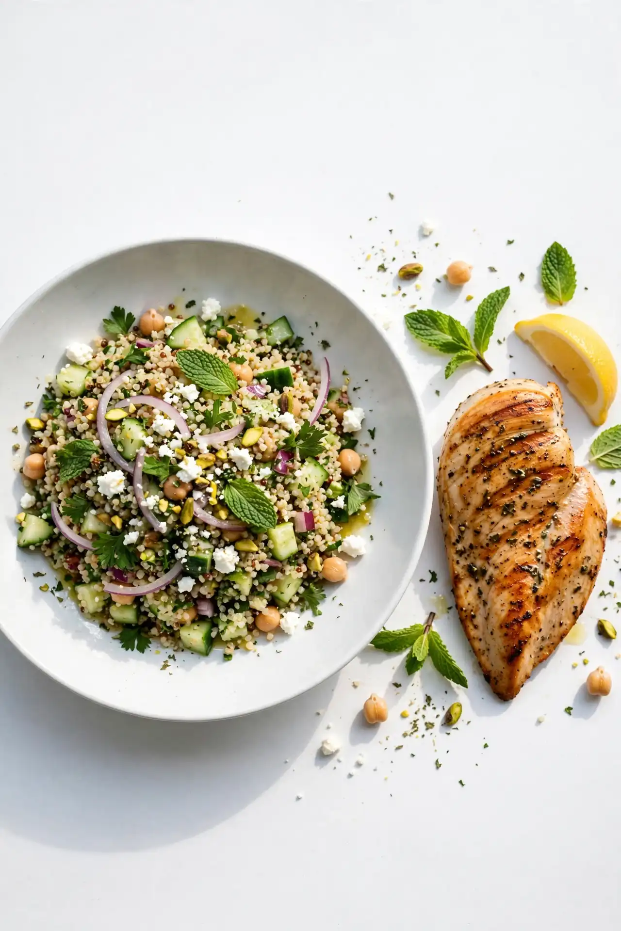 Jennifer Aniston salad plated with grilled chicken and lemon wedge on a white surface, ready to serve — jennifer aniston salad