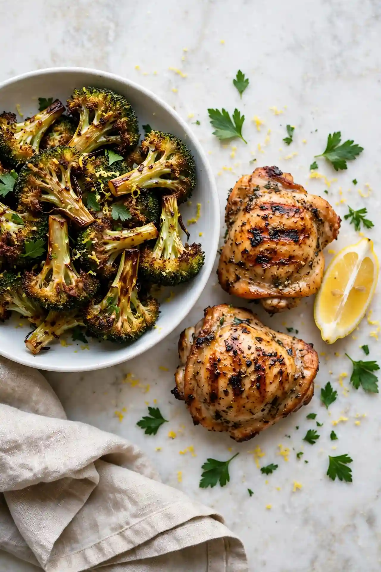 Roasted broccoli in a white bowl alongside grilled chicken and a lemon wedge, ready to serve — roasted broccoli