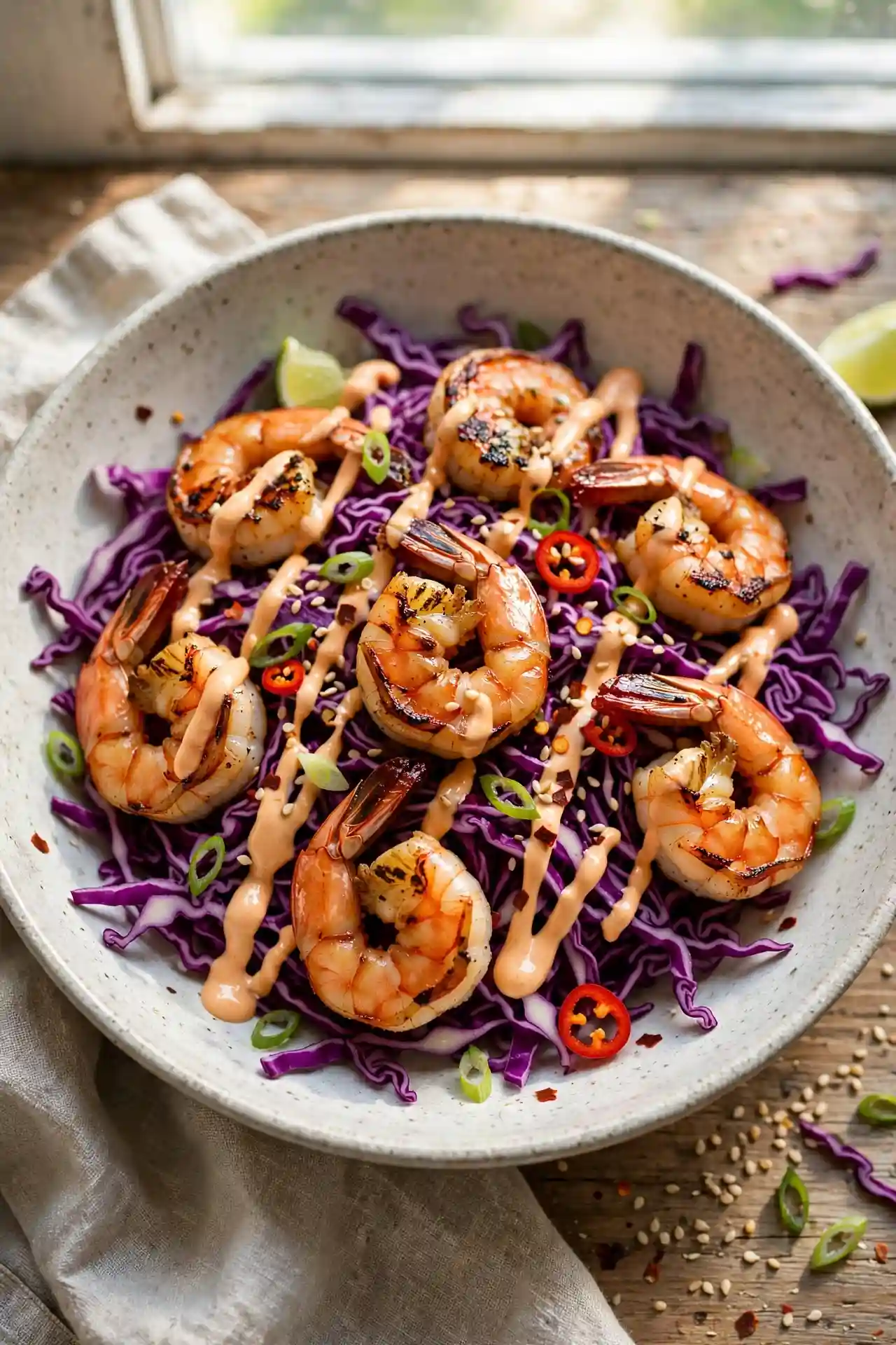Spicy shrimp salad with sriracha mayo and purple cabbage in a wide bowl — easy shrimp salad with heat