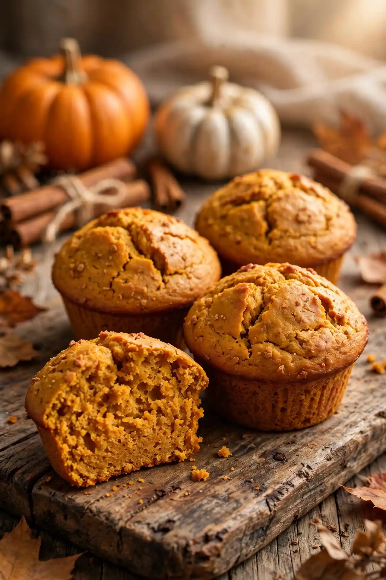 Pumpkin spice protein muffins with mini pumpkins and cinnamon sticks on rustic wood — pumpkin spice protein muffins