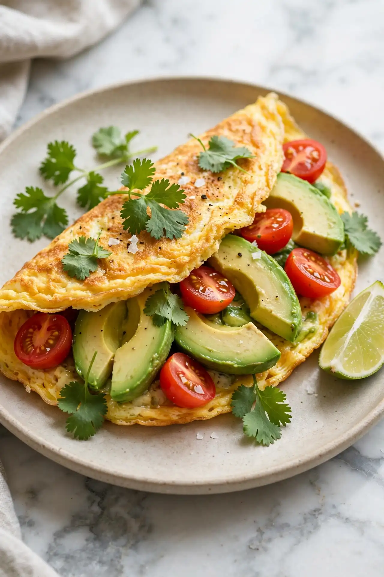 Avocado and tomato omelette open on a ceramic plate showing avocado filling — fresh avocado omelette recipe