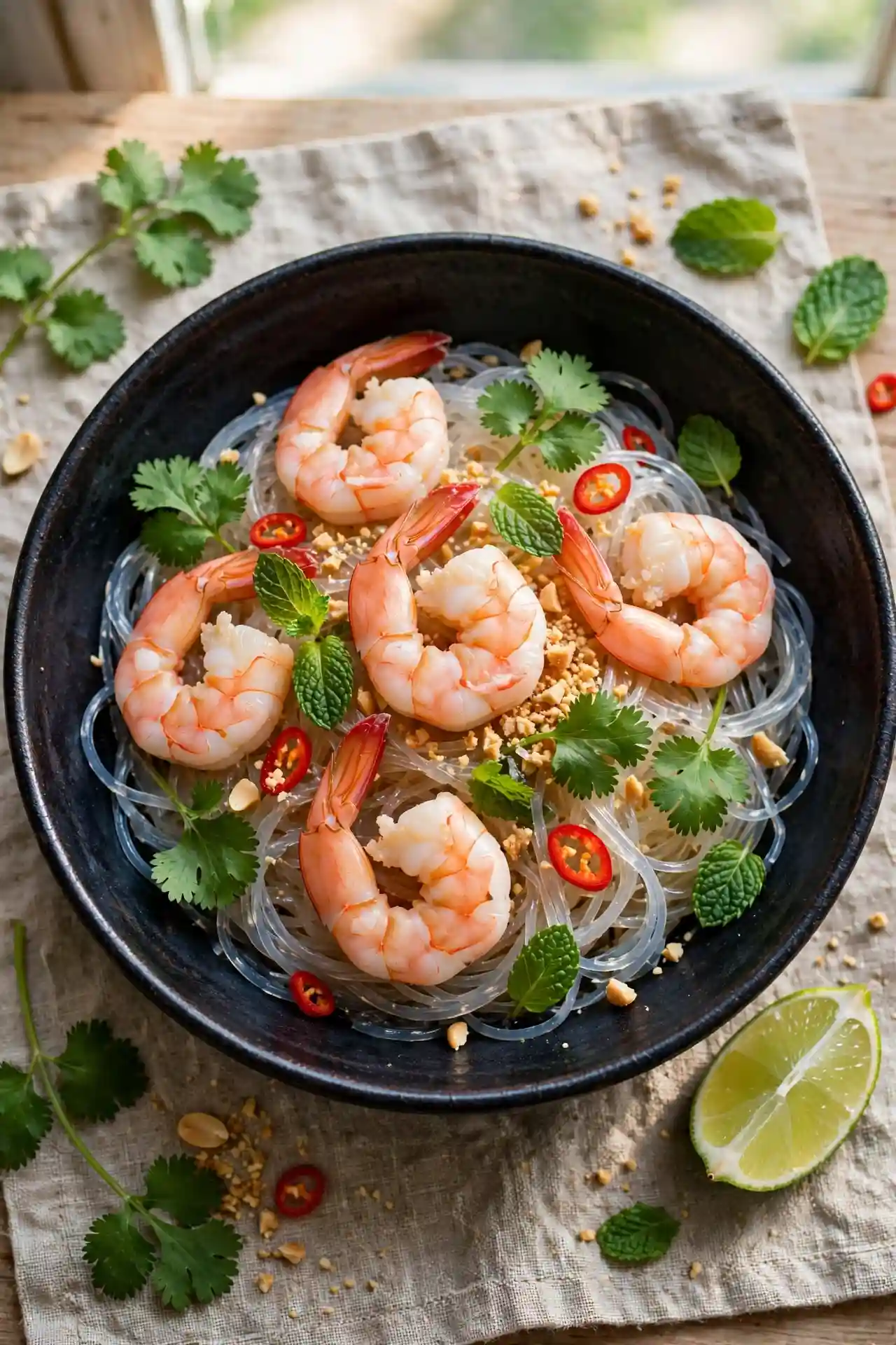 Thai glass noodle shrimp salad with fresh herbs, chili, and peanuts in a dark bowl — shrimp salad with Asian dressing