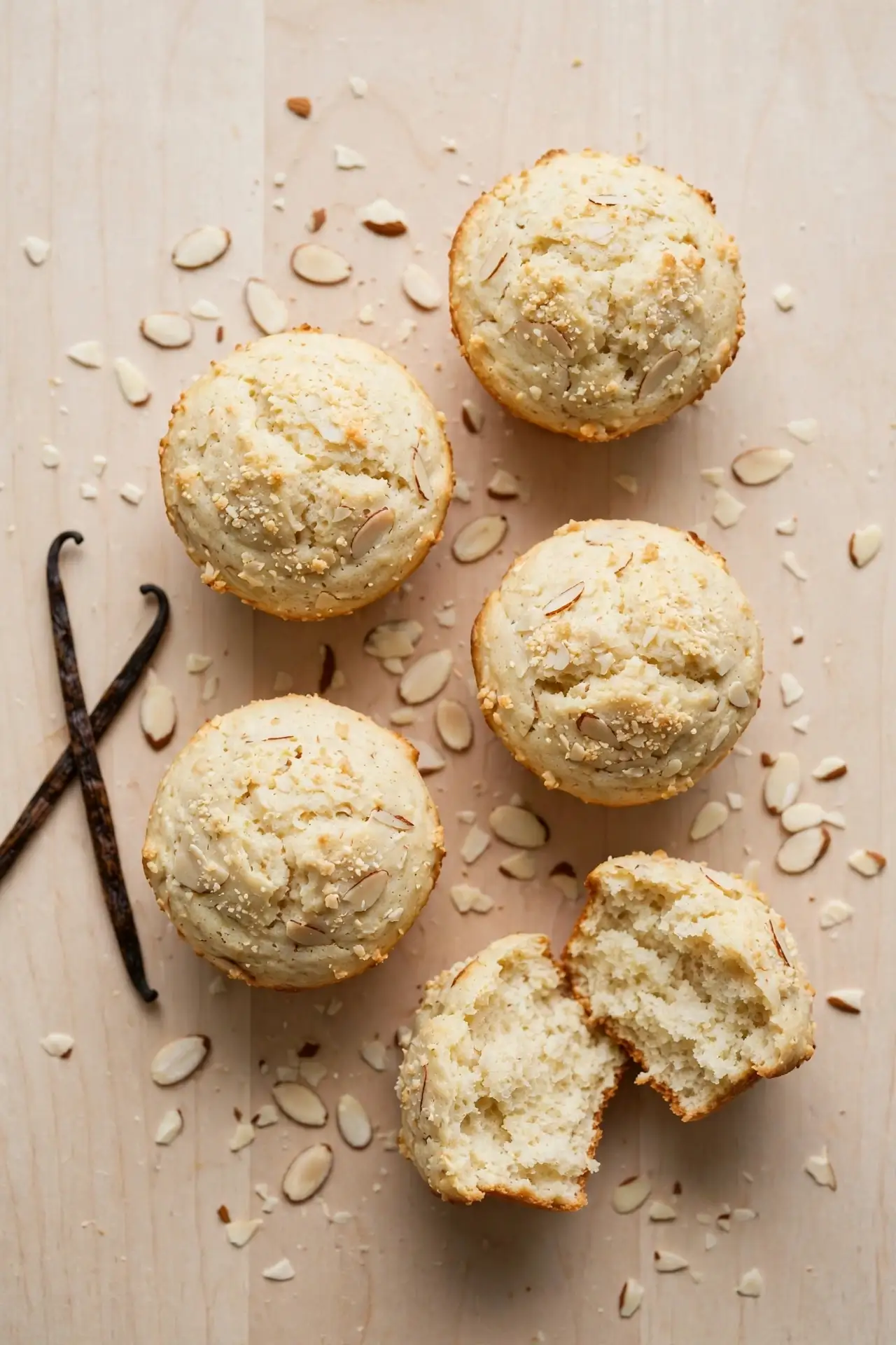 Vanilla almond protein muffins with sliced almonds and vanilla beans on light wood — vanilla almond protein muffins