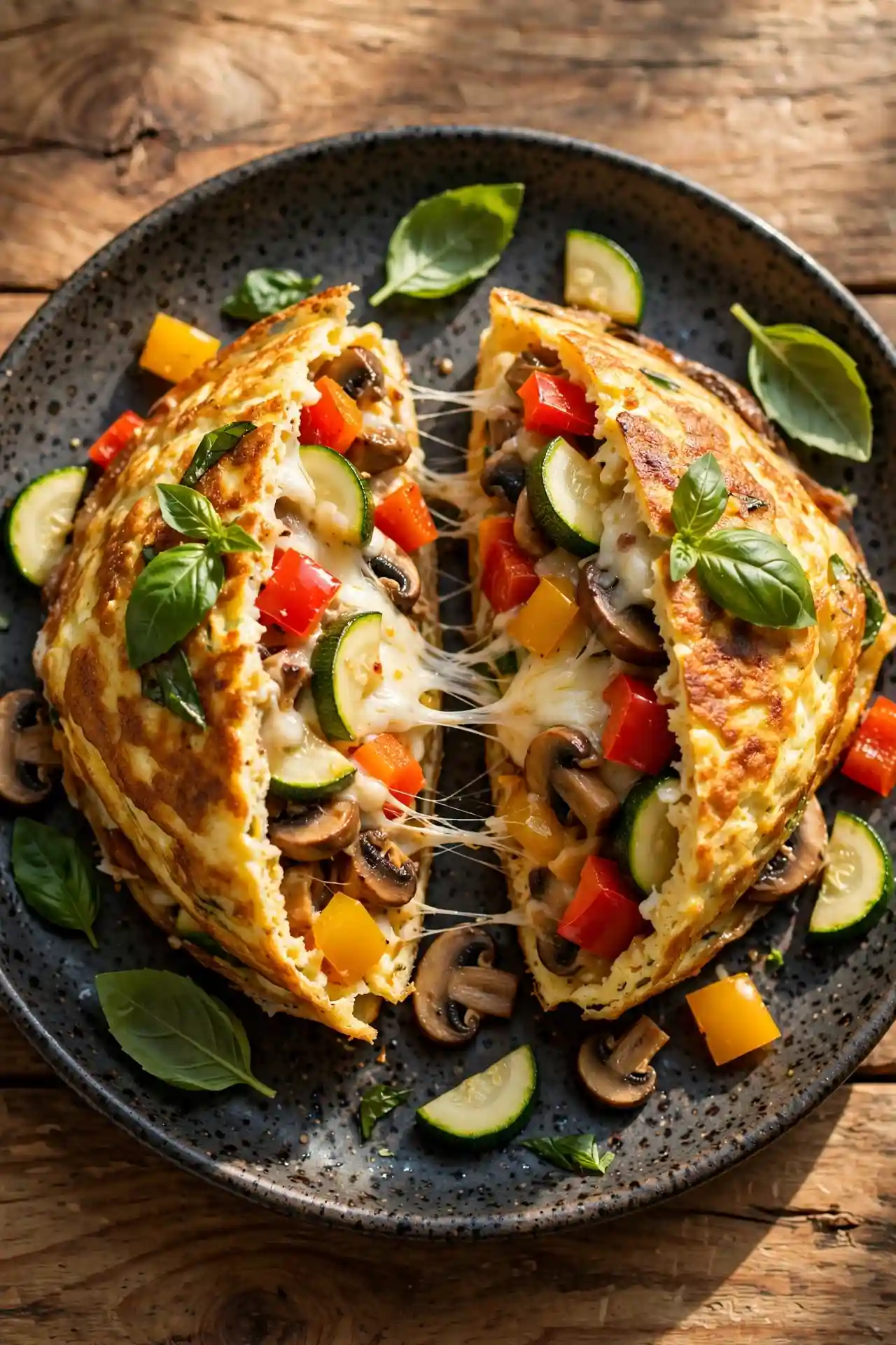 Loaded vegetable omelette cut open showing colorful filling with melted mozzarella — loaded veggie omelette recipe