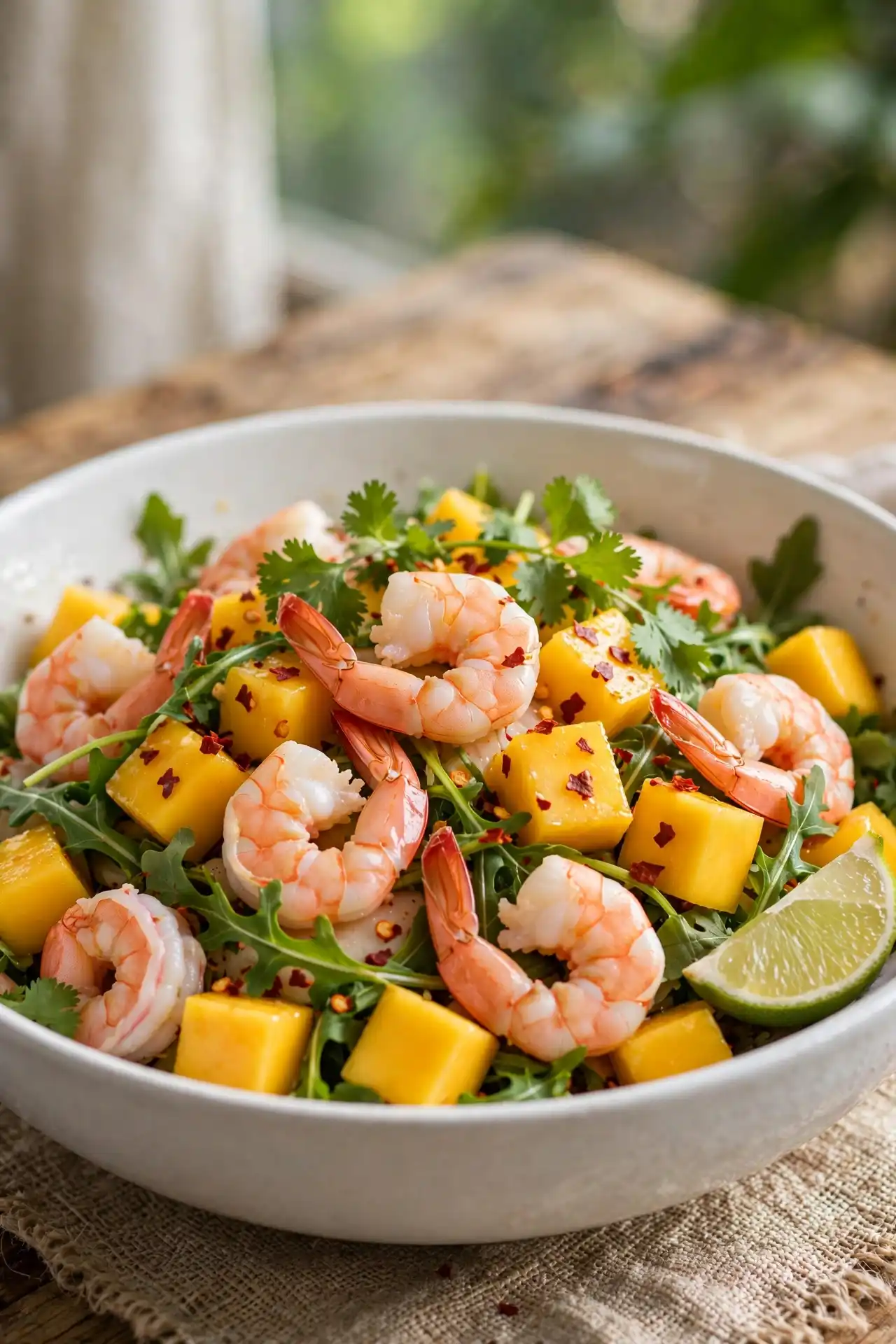 Shrimp and mango salad with arugula and lime-chili dressing in a wide white bowl — cold shrimp salad recipe