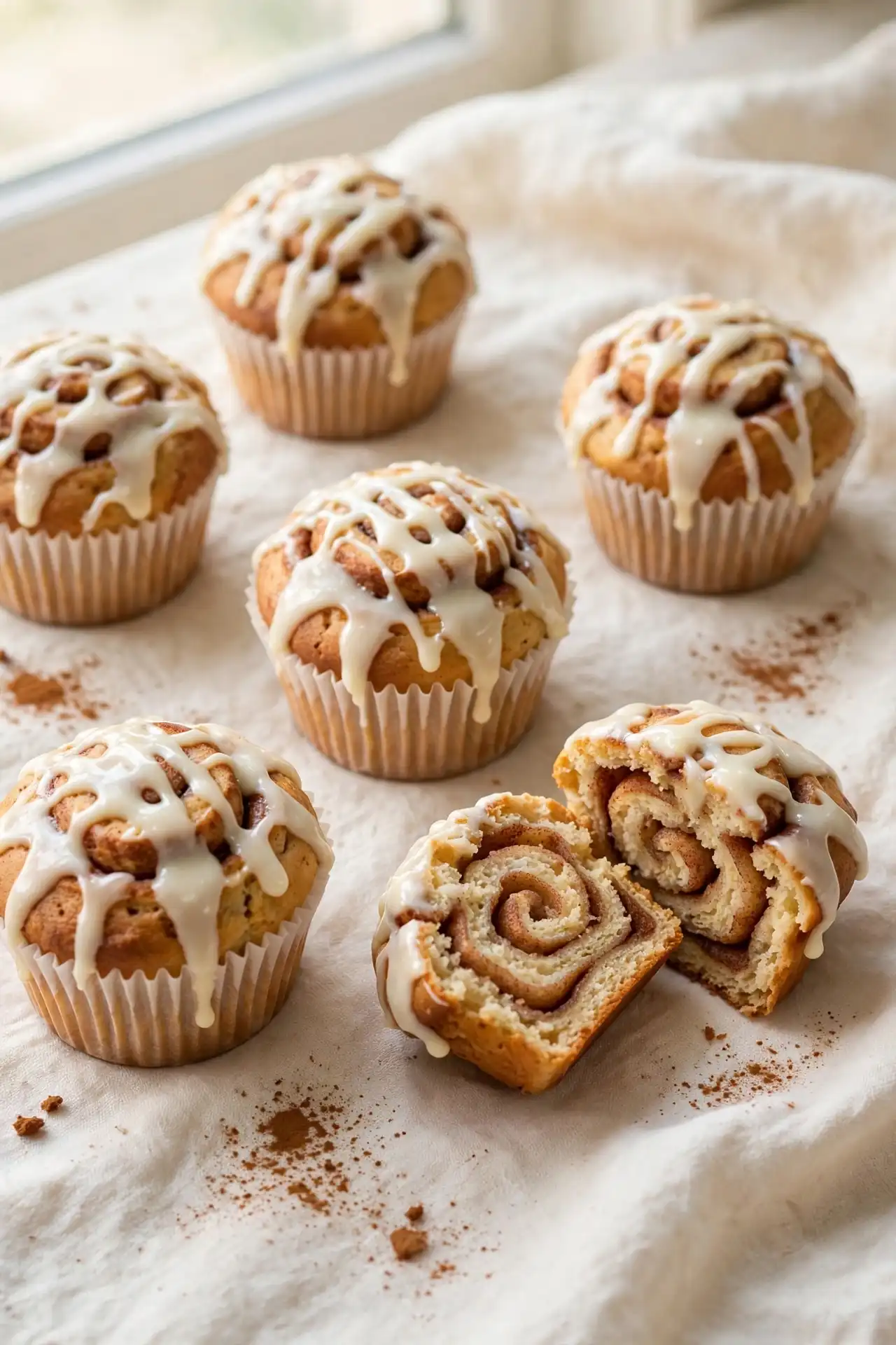 Cinnamon roll protein muffins with cream cheese glaze and visible cinnamon swirl — cinnamon roll protein muffins