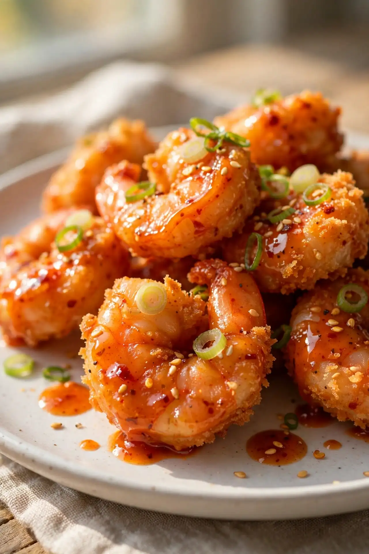 Close-up of crispy bang bang shrimp on a white plate showing glossy sweet chili sauce glaze and spring onion garnish — bang bang shrimp