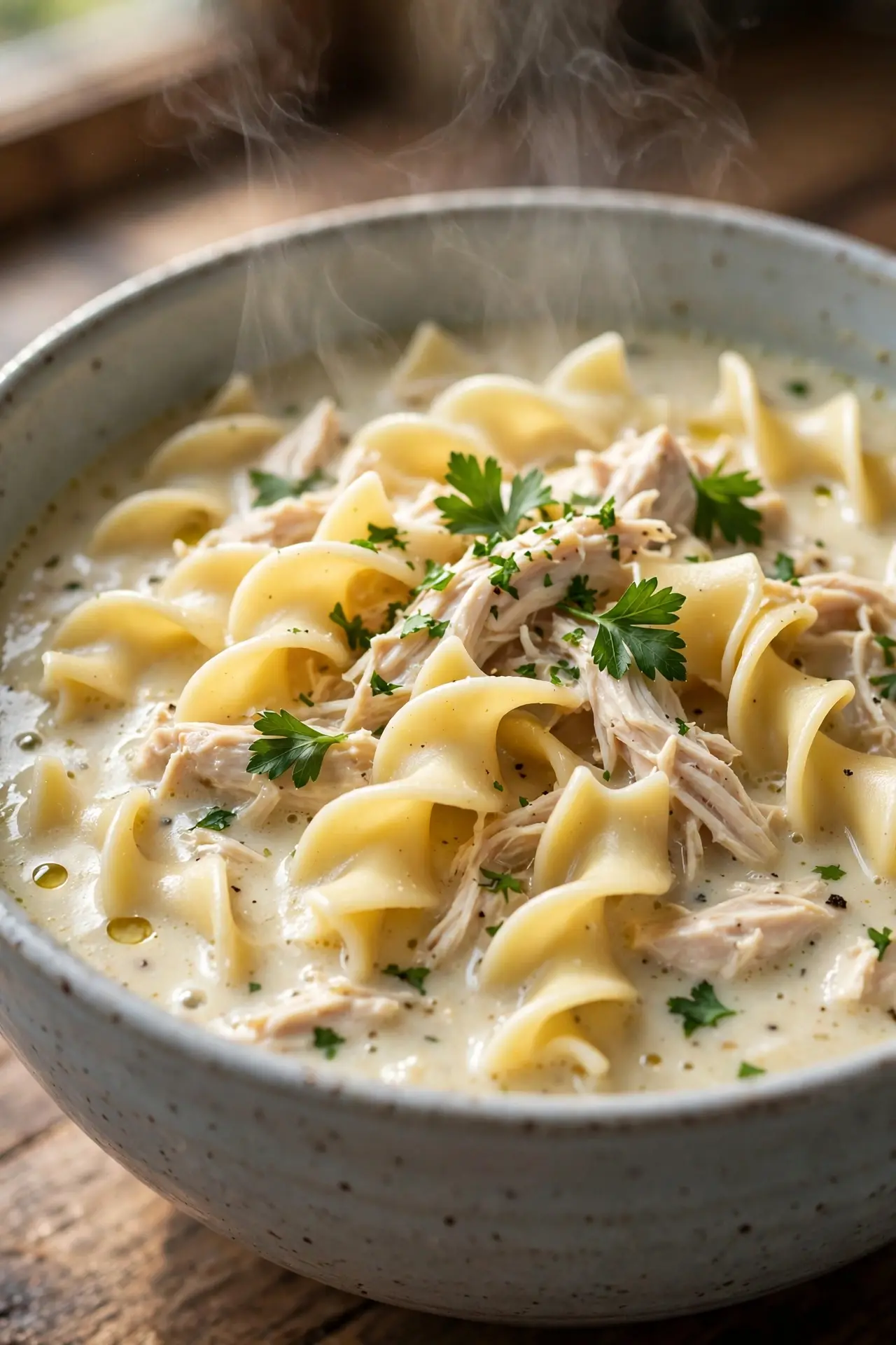 Close-up of creamy chicken noodle soup showing thick ivory broth with egg noodles and shredded chicken -- creamy chicken noodle soup