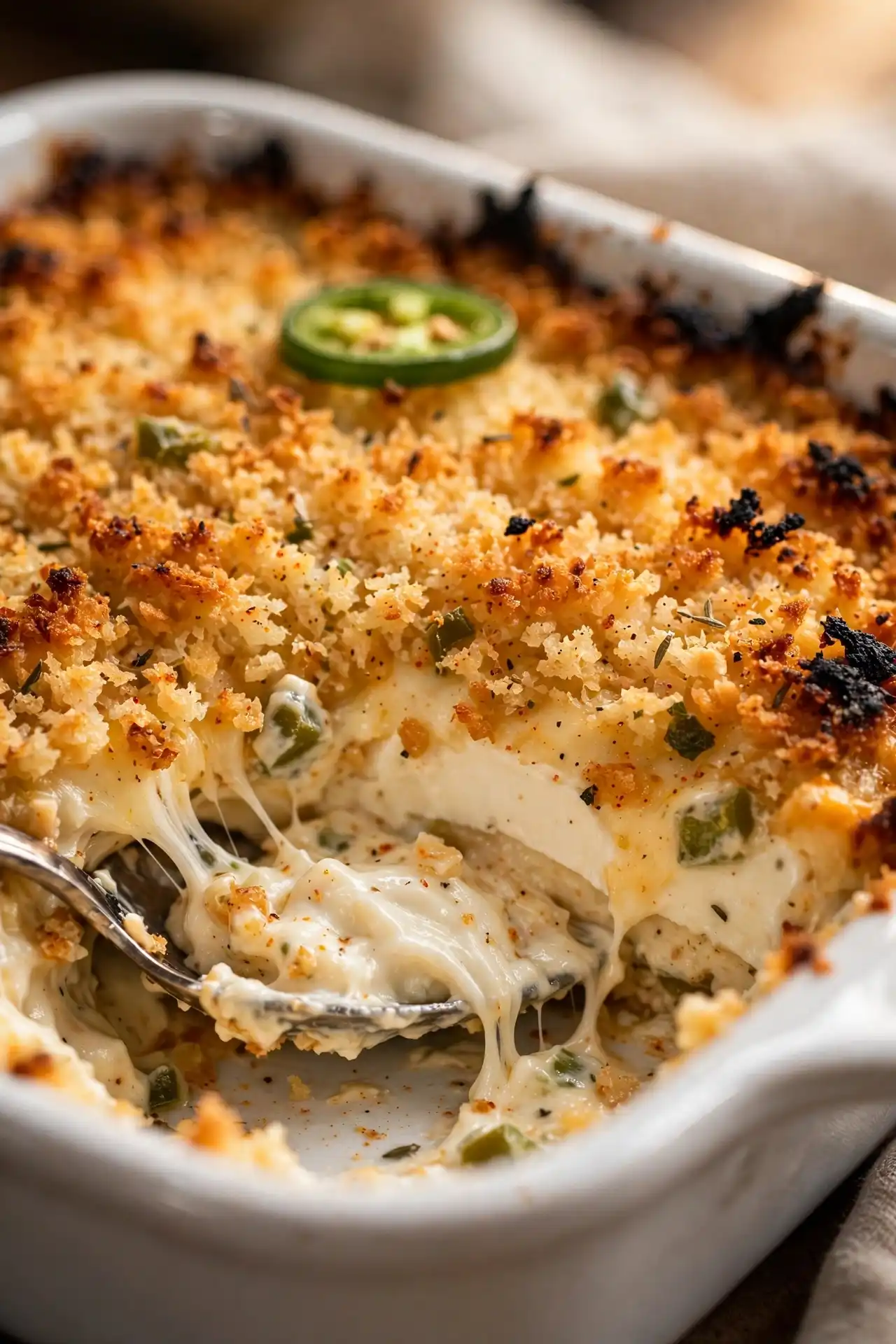 Close-up of jalapeño popper dip showing golden panko crust and creamy cheesy interior — jalapeño popper dip recipe card