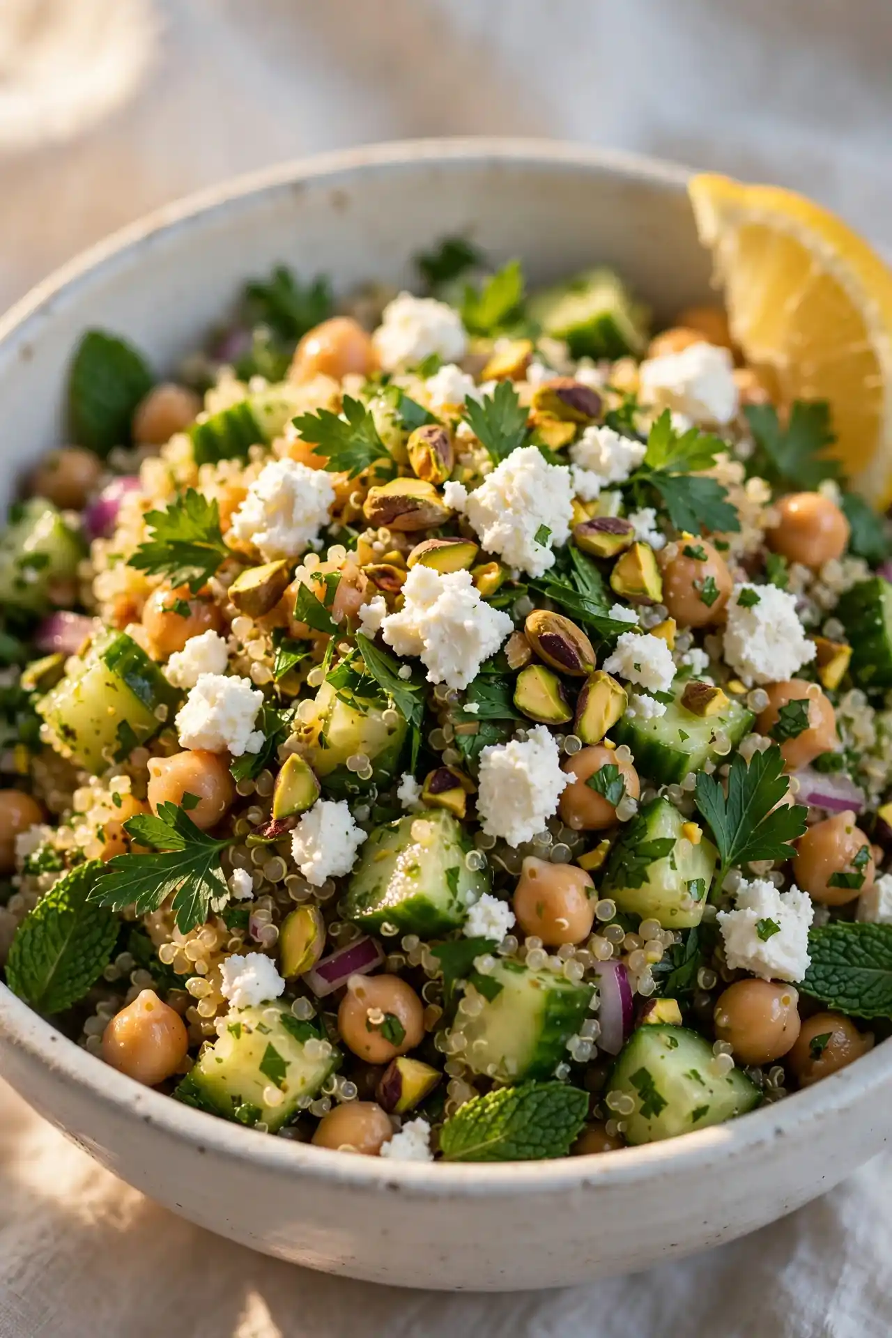 Close-up of jennifer aniston salad showing feta crumbles, pistachios, and fresh herbs in a white ceramic bowl — jennifer aniston salad