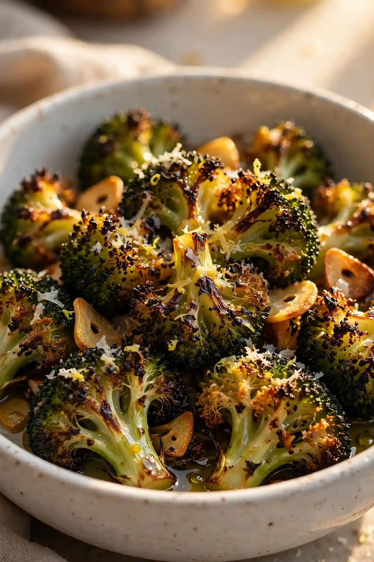 Close-up of crispy roasted broccoli showing golden caramelized edges and parmesan topping in a white ceramic bowl — roasted broccoli