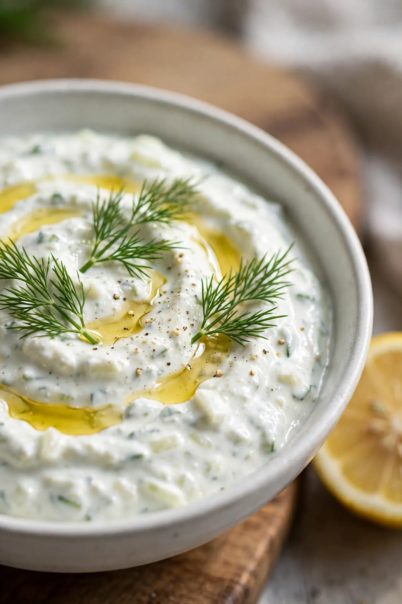 Close-up of tzatziki sauce recipe showing thick, creamy texture with olive oil drizzle and fresh dill garnish