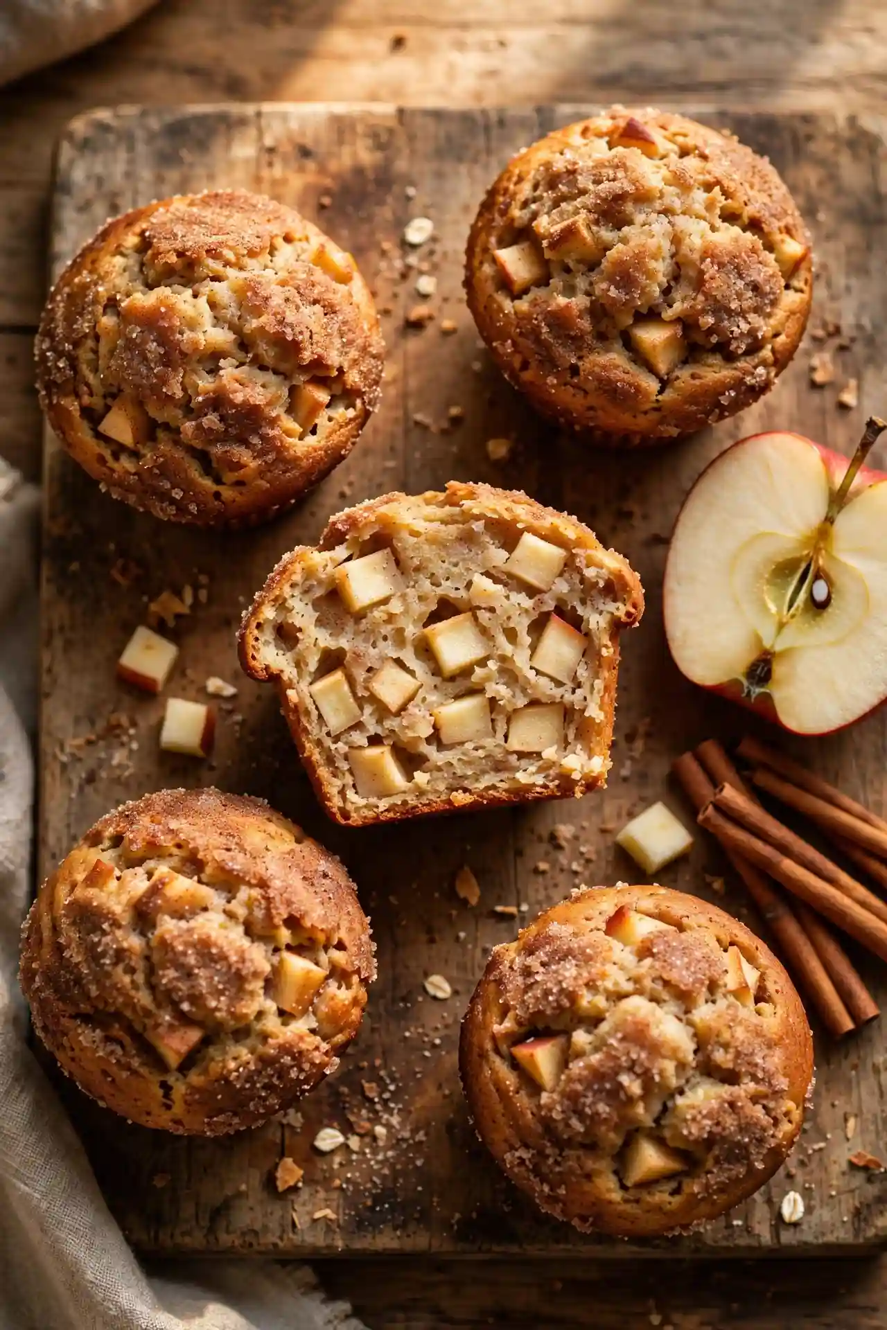 Apple cinnamon protein muffins with diced apples and cinnamon sugar topping — apple cinnamon protein muffins